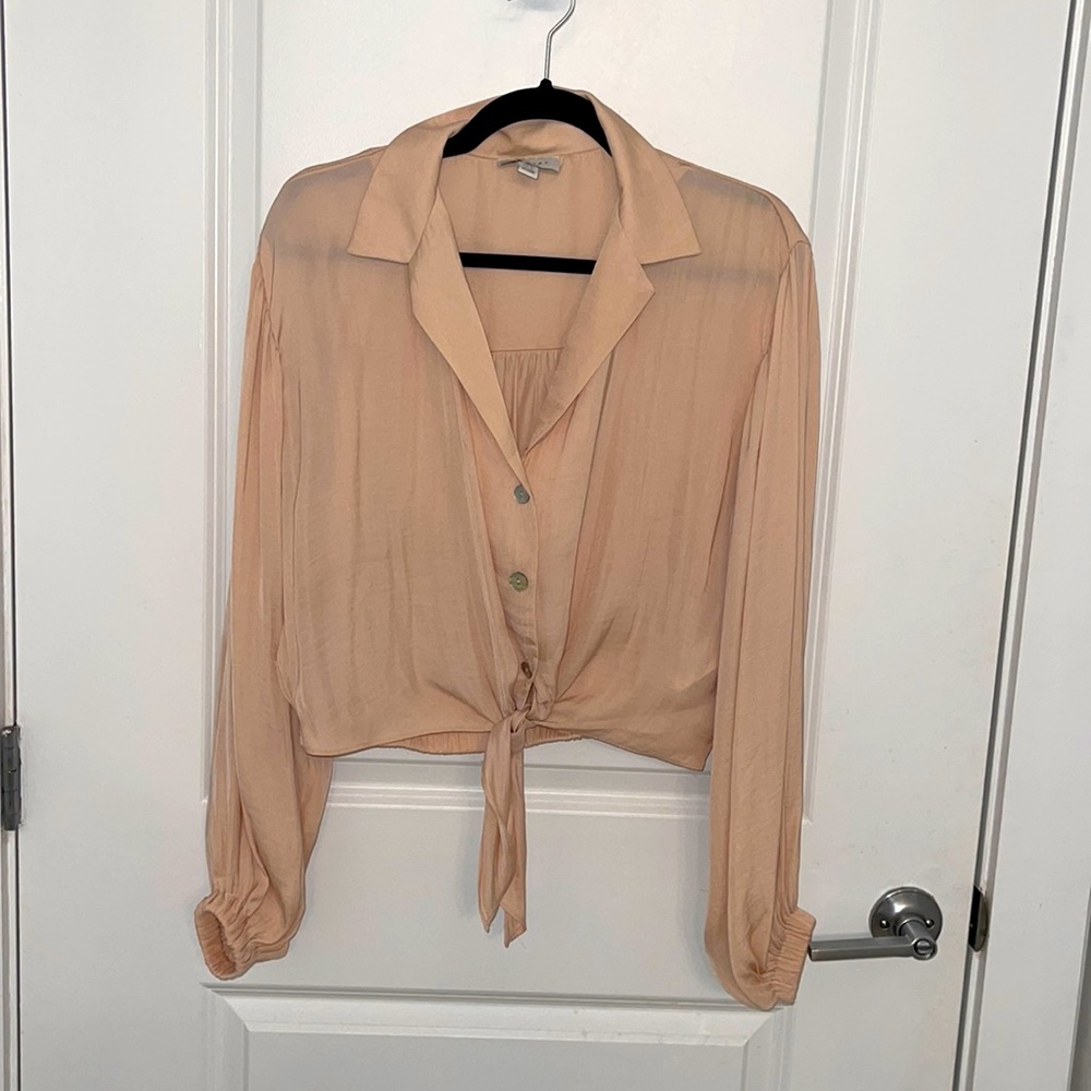 Womens Topshop Satin Button Down Tie Front Long Sleeve Shirt Top